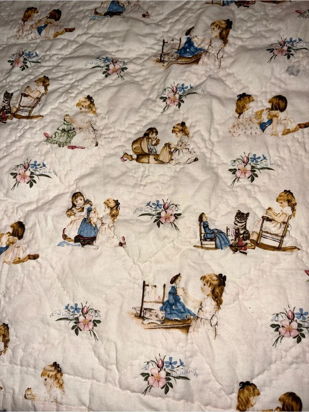 Cream Quilted Throw Blanket with Vintage Children Illustration